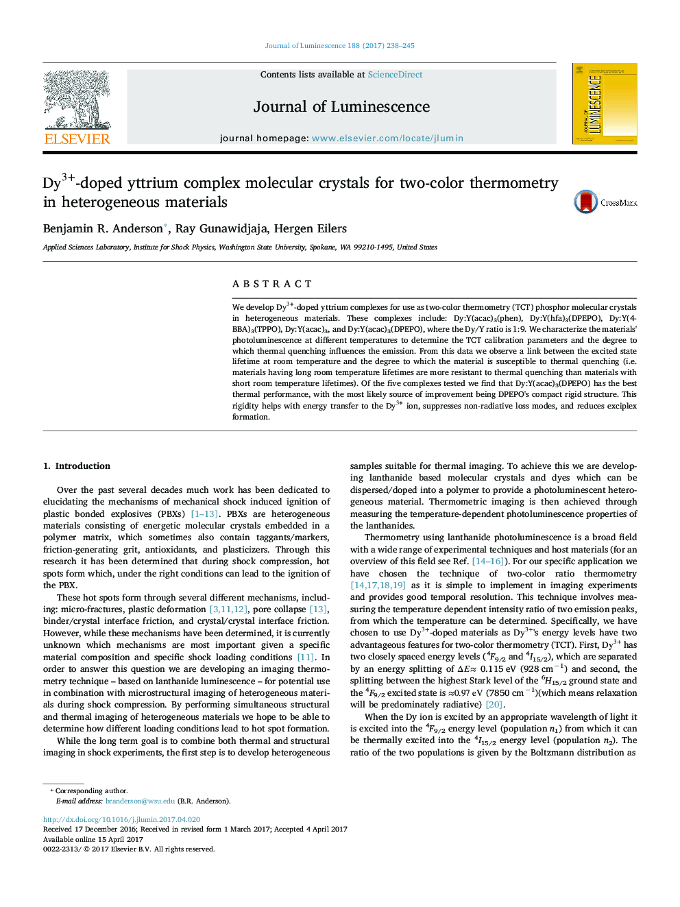 عکس صفحه اول مقاله: Dy3+-doped yttrium complex molecular crystals for two-color thermometry in heterogeneous materials Dy3+-doped yttrium complex molecular crystals for two-color thermometry in heterogeneous materials