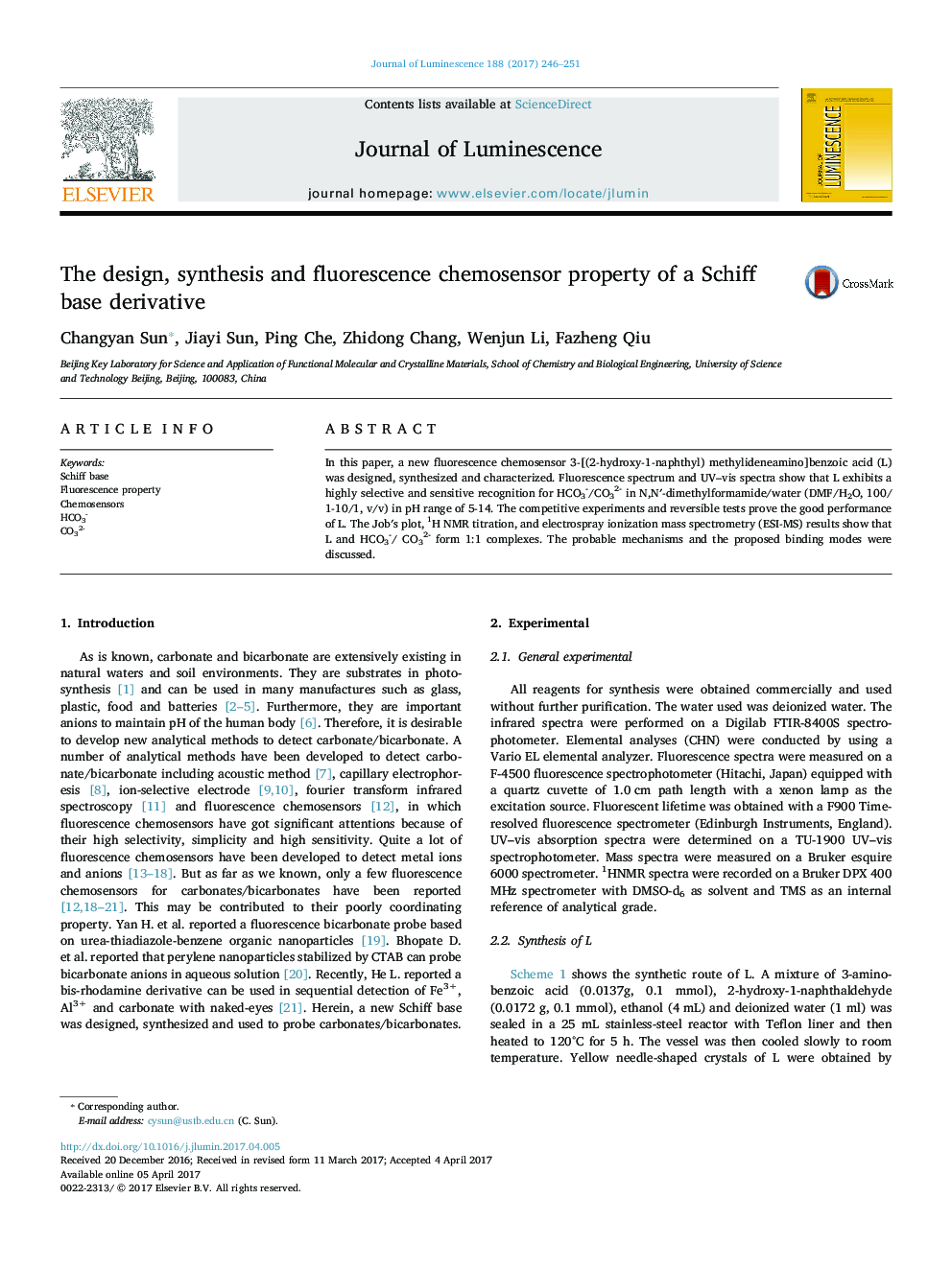 The design, synthesis and fluorescence chemosensor property of a Schiff base derivative