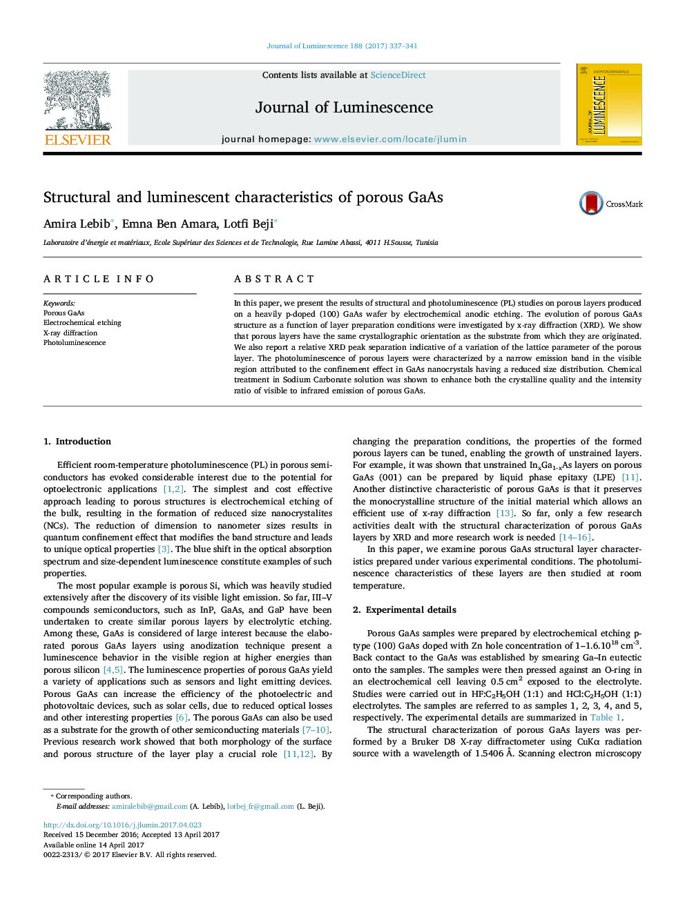 Structural and luminescent characteristics of porous GaAs