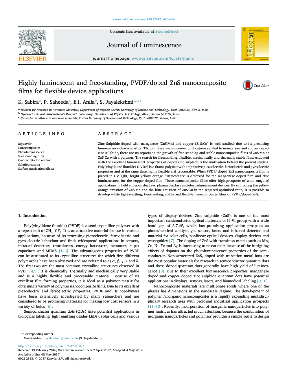 Highly luminescent and free-standing, PVDF/doped ZnS nanocomposite films for flexible device applications