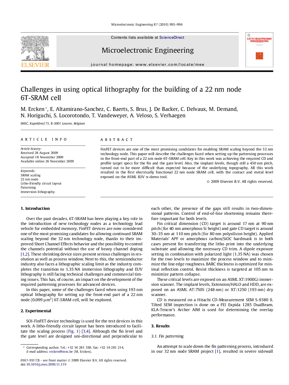 عکس صفحه اول مقاله: Challenges in using optical lithography for the building of a 22 nm node 6T-SRAM cell Challenges in using optical lithography for the building of a 22 nm node 6T-SRAM cell