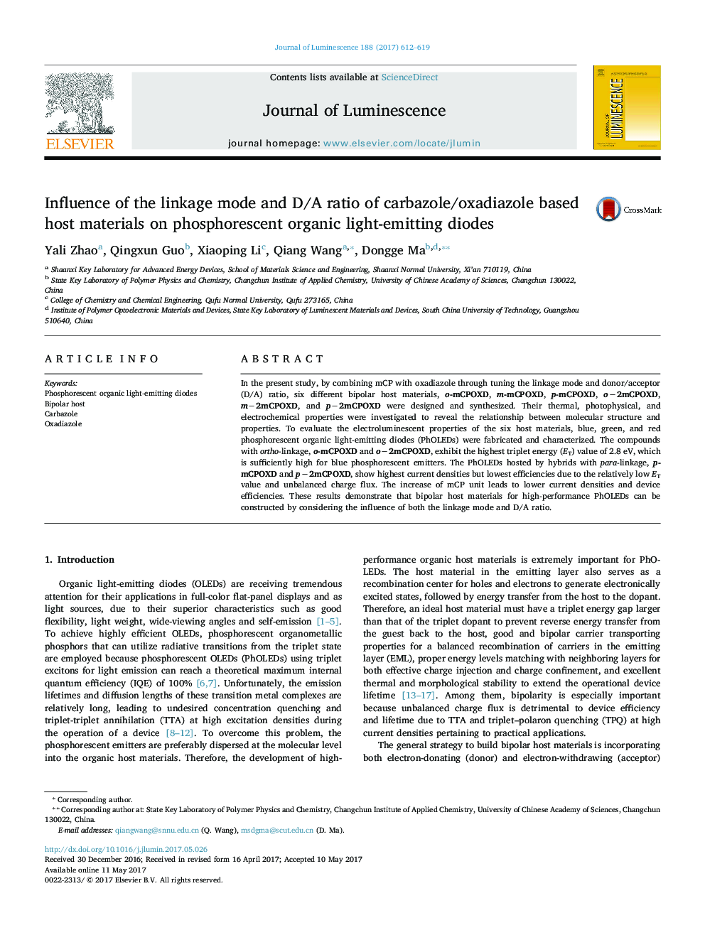 Influence of the linkage mode and D/A ratio of carbazole/oxadiazole based host materials on phosphorescent organic light-emitting diodes