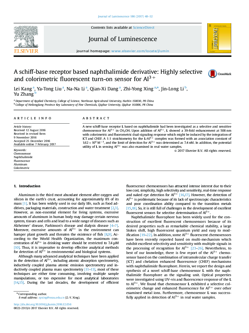 A schiff-base receptor based naphthalimide derivative: Highly selective and colorimetric fluorescent turn-on sensor for Al3+