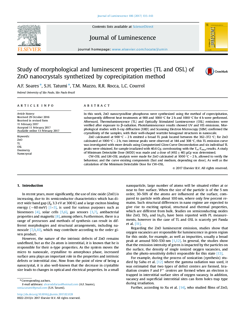 Study of morphological and luminescent properties (TL and OSL) of ZnO nanocrystals synthetized by coprecipitation method