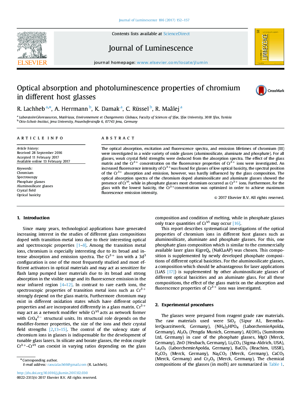 Optical absorption and photoluminescence properties of chromium in different host glasses