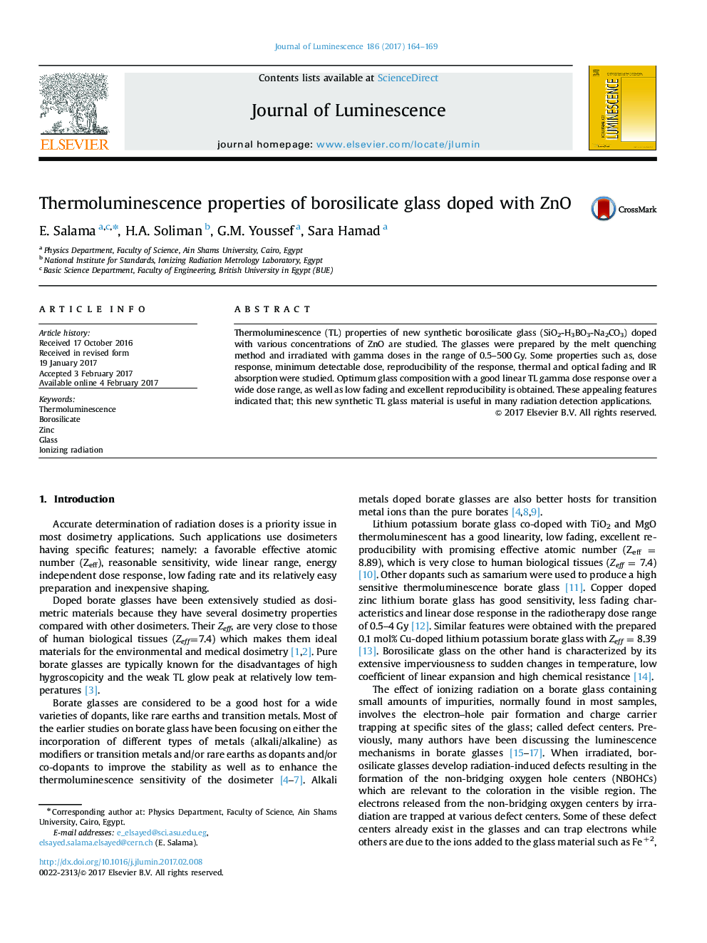 Thermoluminescence properties of borosilicate glass doped with ZnO