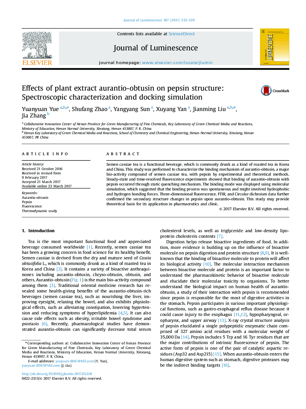 Effects of plant extract aurantio-obtusin on pepsin structure: Spectroscopic characterization and docking simulation