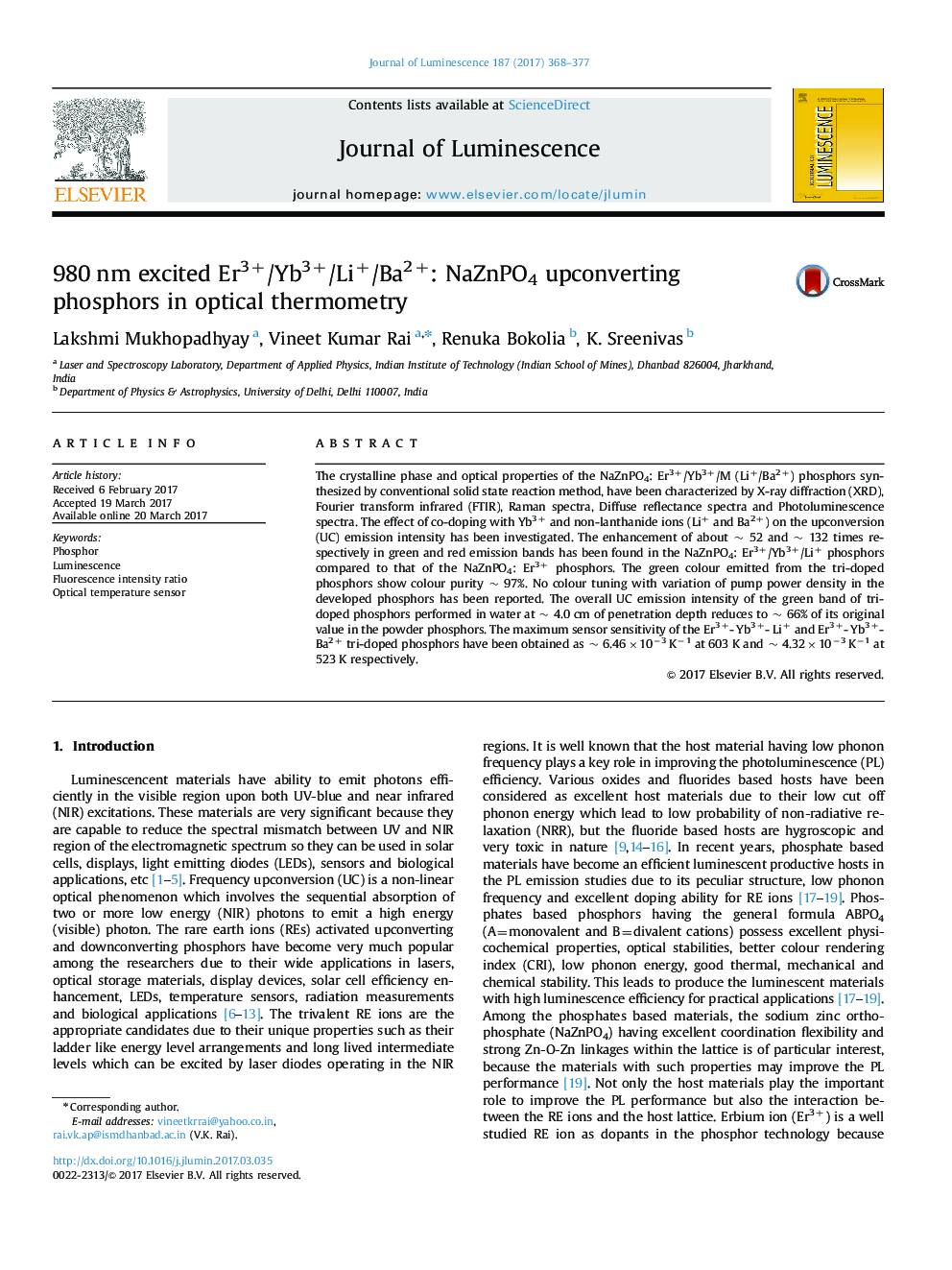 980Â nm excited Er3+/Yb3+/Li+/Ba2+: NaZnPO4 upconverting phosphors in optical thermometry