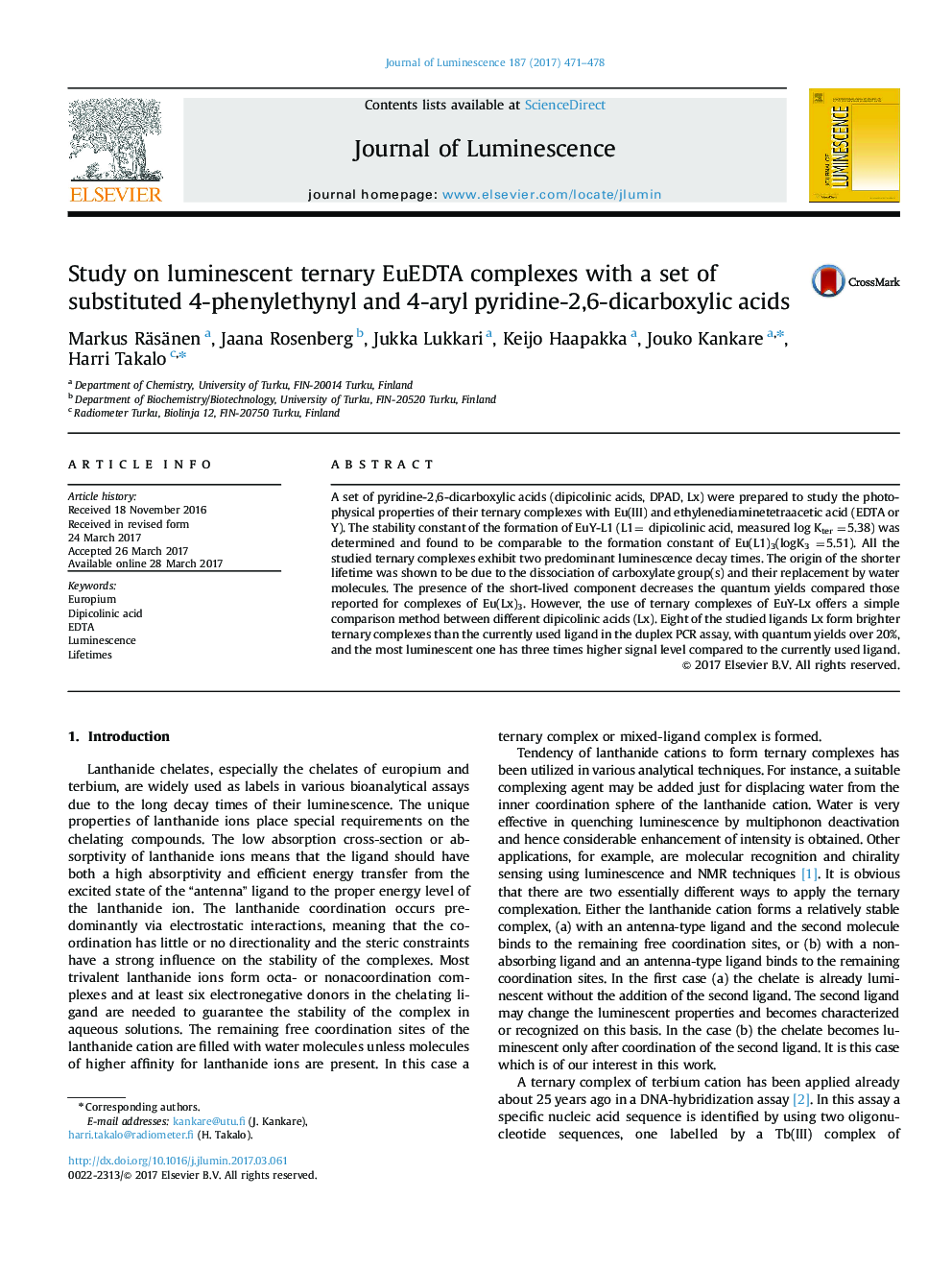 Study on luminescent ternary EuEDTA complexes with a set of substituted 4-phenylethynyl and 4-aryl pyridine-2,6-dicarboxylic acids