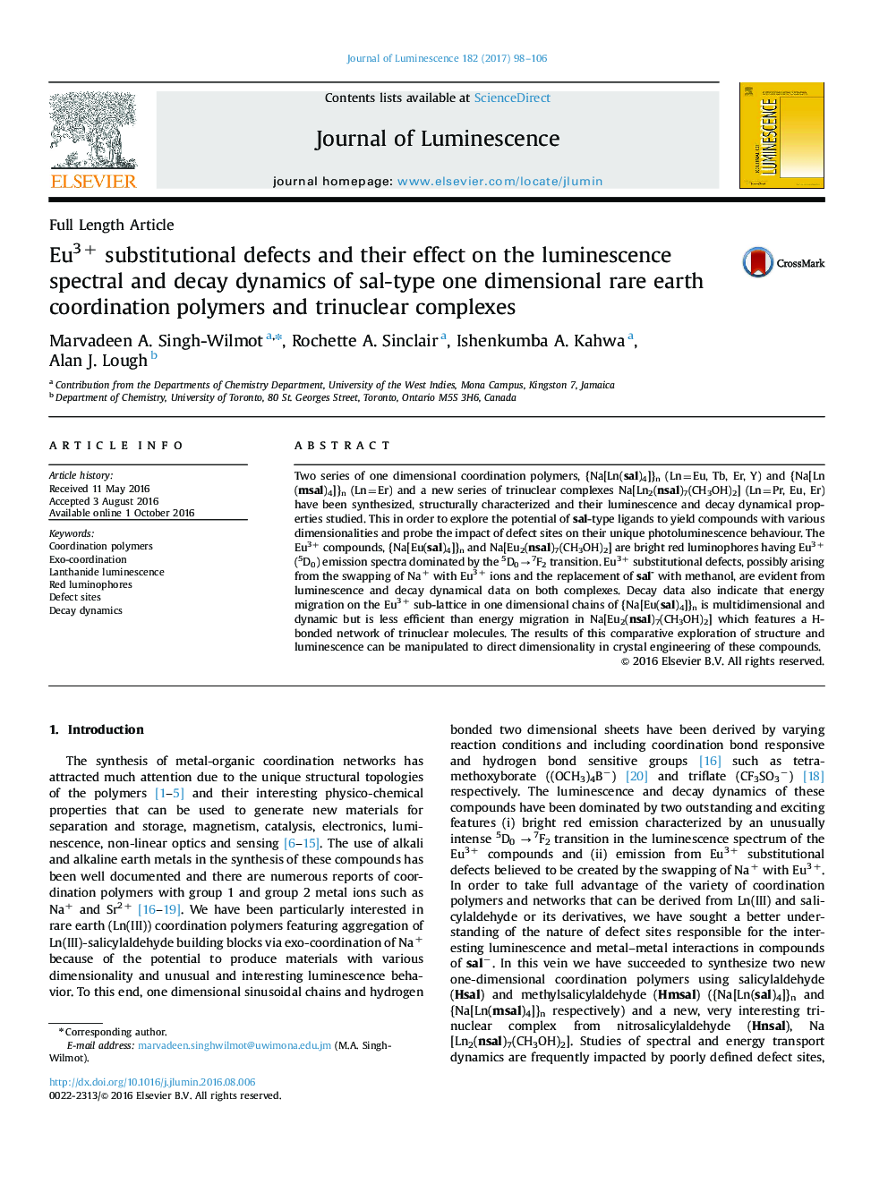 Eu3+ substitutional defects and their effect on the luminescence spectral and decay dynamics of sal-type one dimensional rare earth coordination polymers and trinuclear complexes