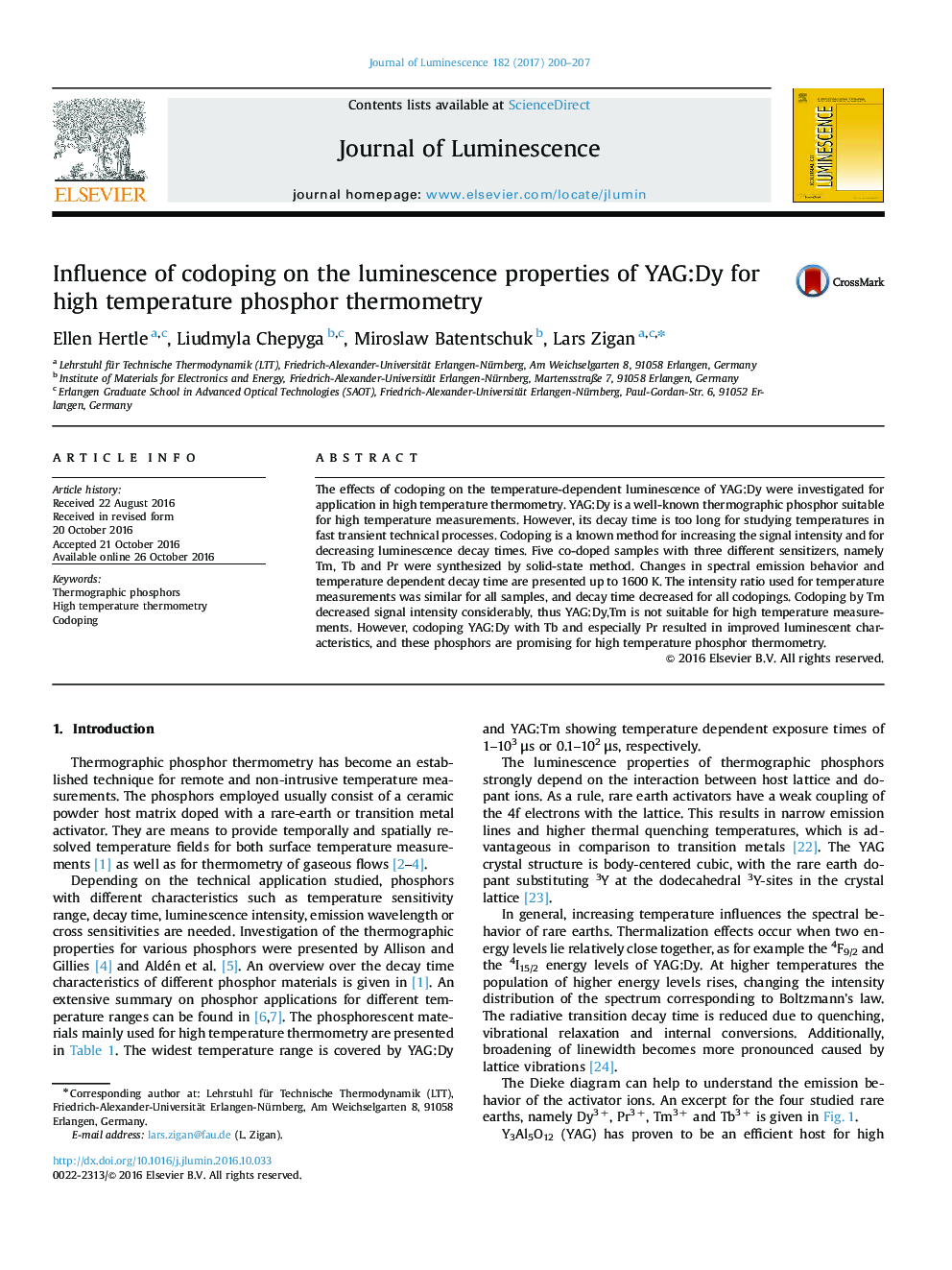 Influence of codoping on the luminescence properties of YAG:Dy for high temperature phosphor thermometry