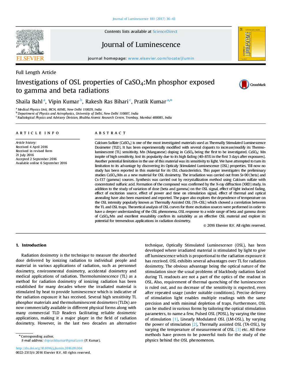 عکس صفحه اول مقاله: Investigations of OSL properties of CaSO4:Mn phosphor exposed to gamma and beta radiations Investigations of OSL properties of CaSO4:Mn phosphor exposed to gamma and beta radiations