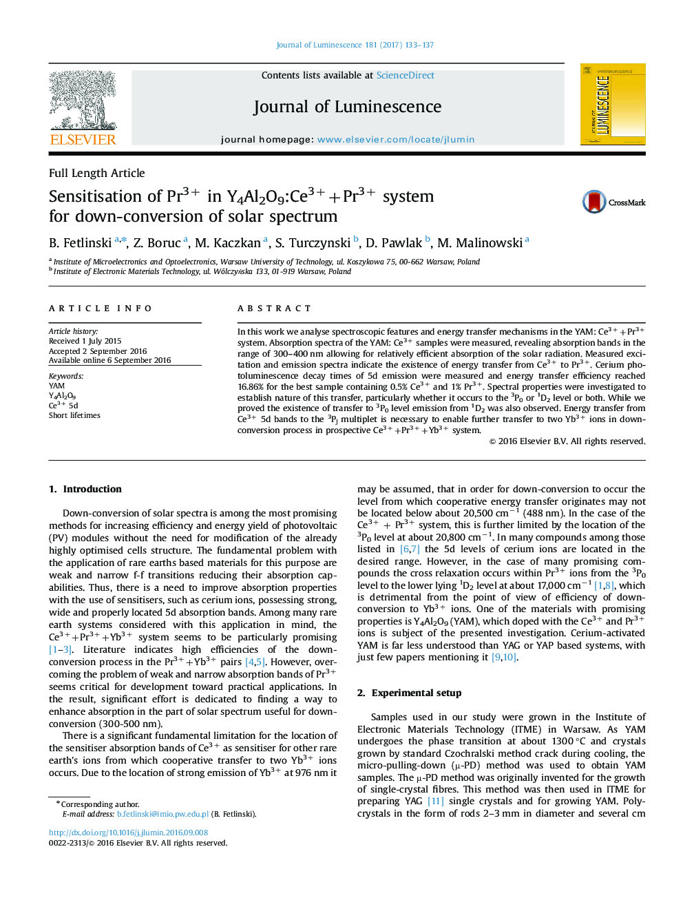 Sensitisation of Pr3+ in Y4Al2O9:Ce3++Pr3+ system for down-conversion of solar spectrum