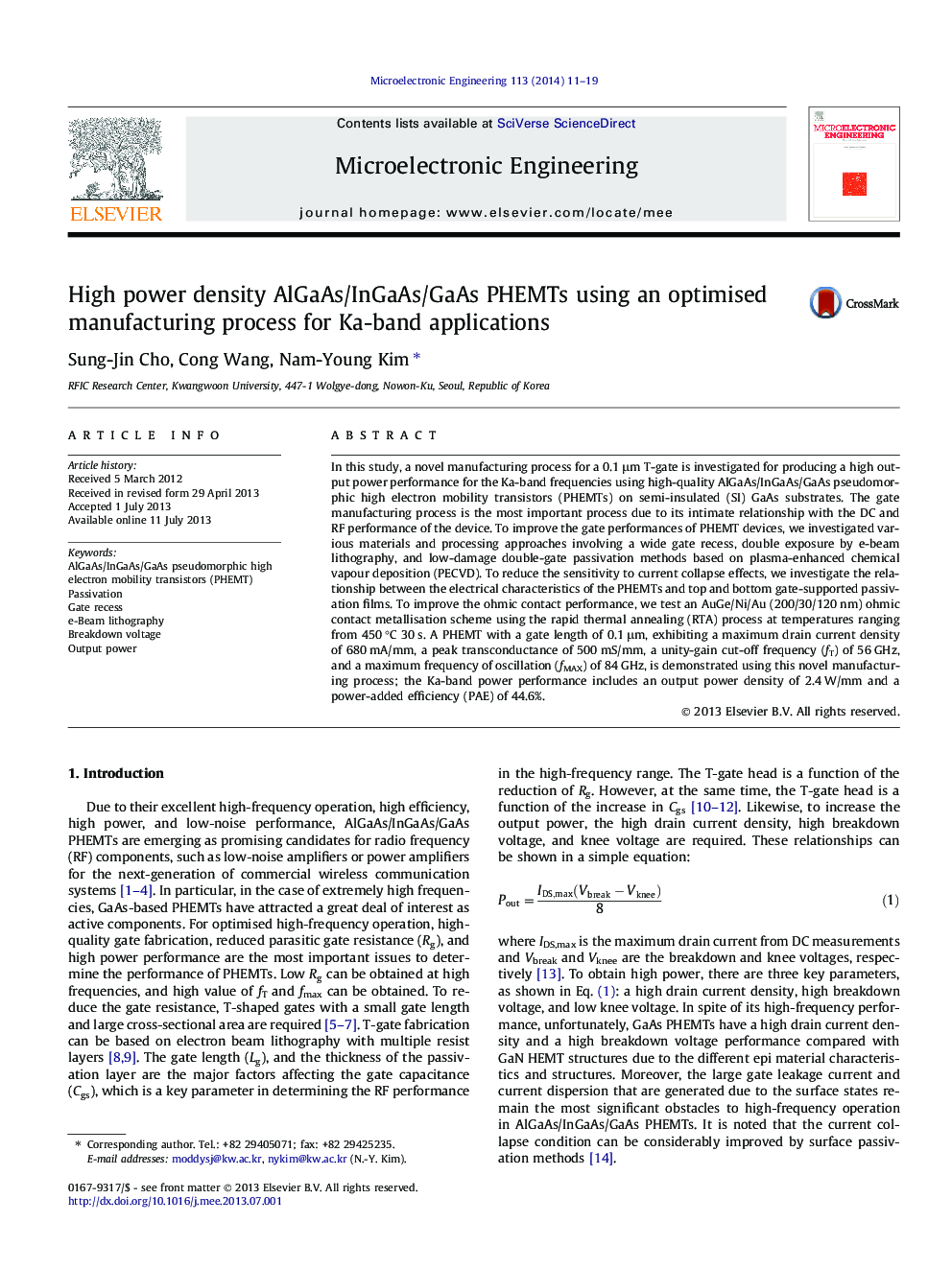 High power density AlGaAs/InGaAs/GaAs PHEMTs using an optimised manufacturing process for Ka-band applications