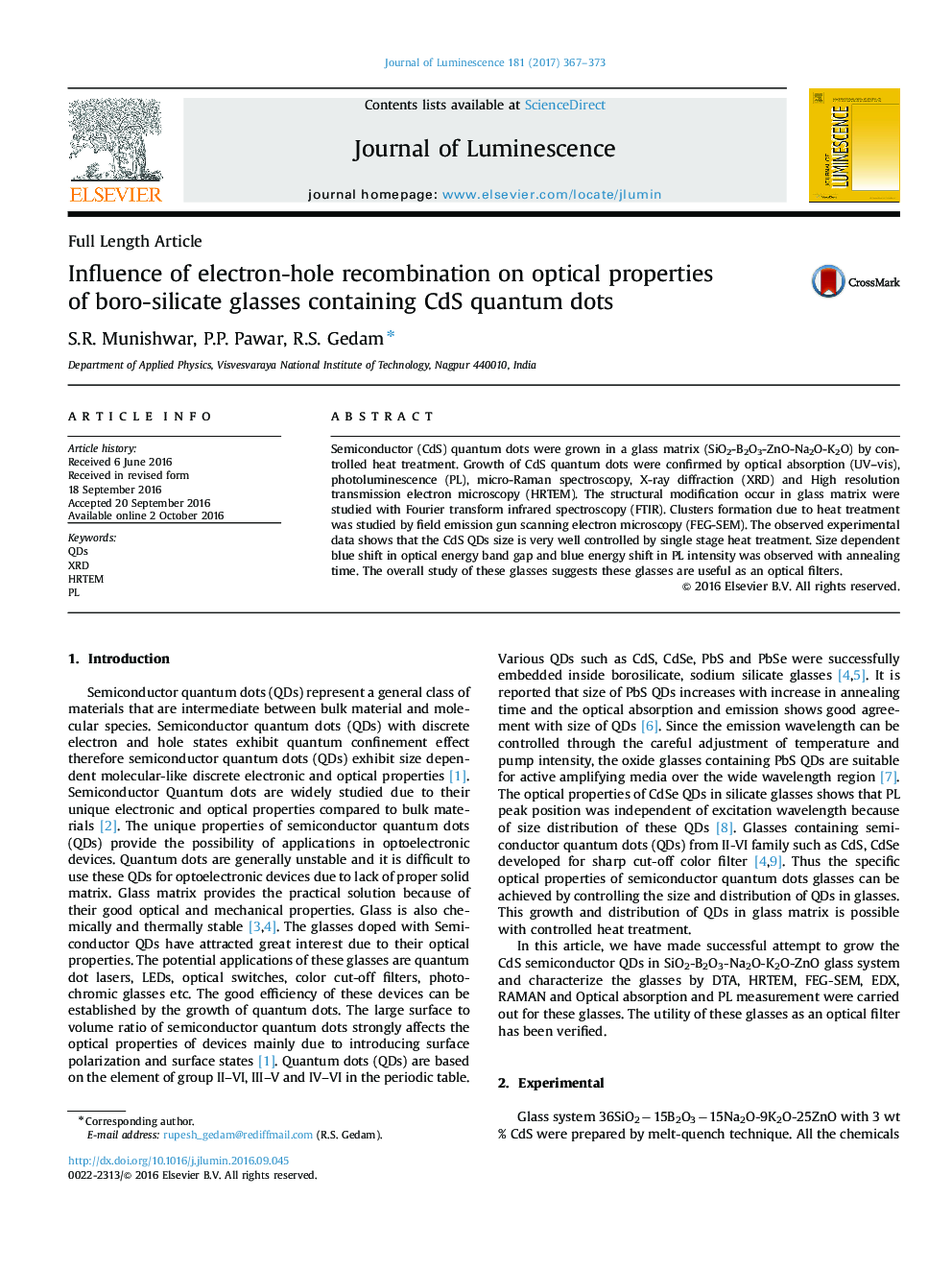 Full Length ArticleInfluence of electron-hole recombination on optical properties of boro-silicate glasses containing CdS quantum dots