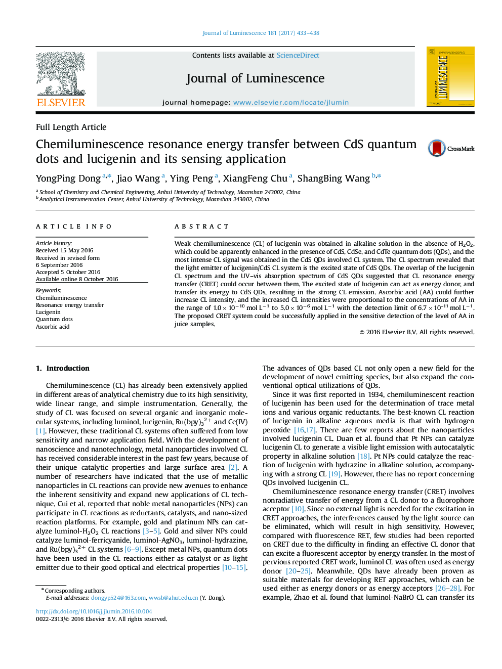 Chemiluminescence resonance energy transfer between CdS quantum dots and lucigenin and its sensing application