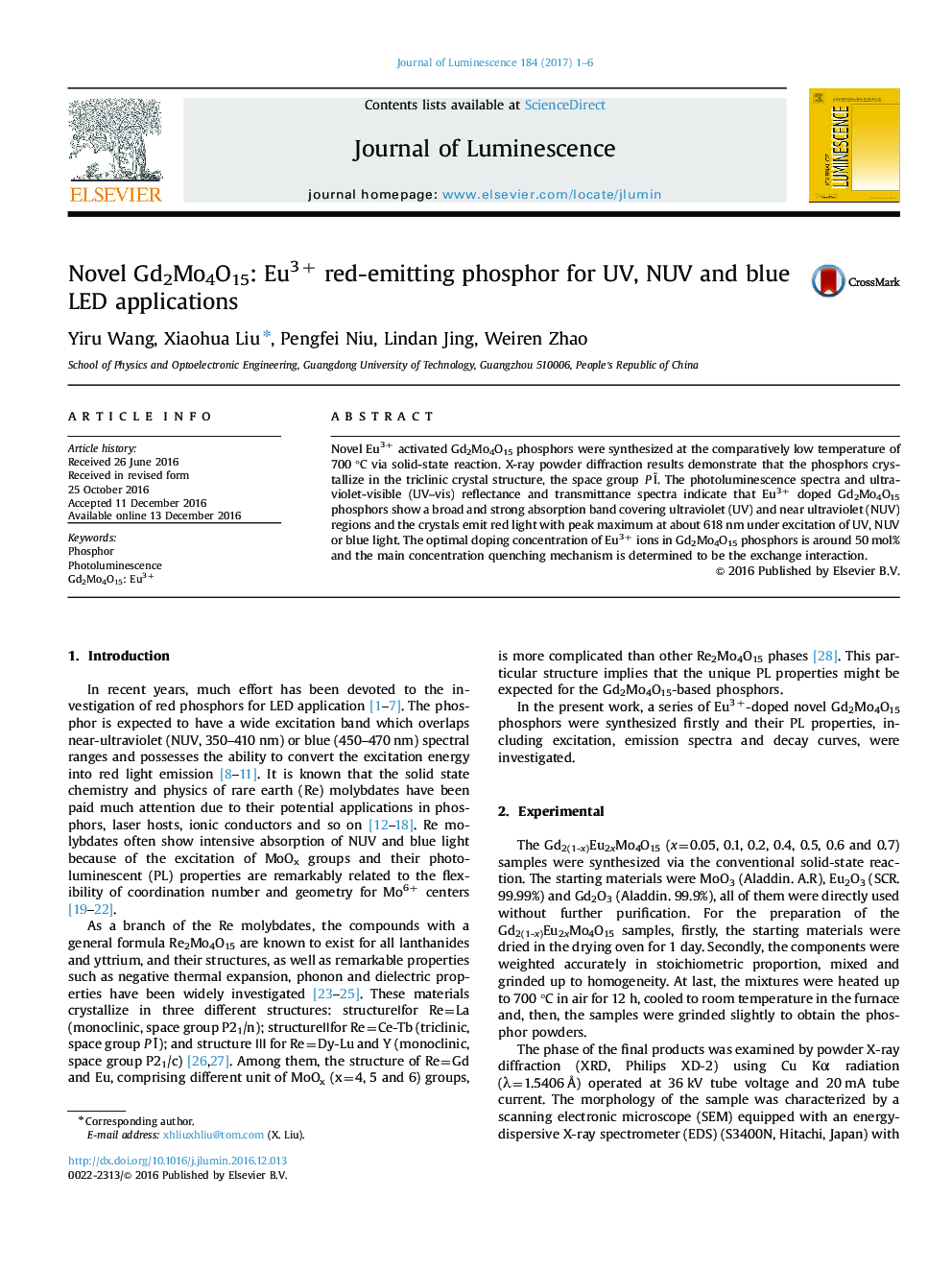 Novel Gd2Mo4O15: Eu3+ red-emitting phosphor for UV, NUV and blue LED applications