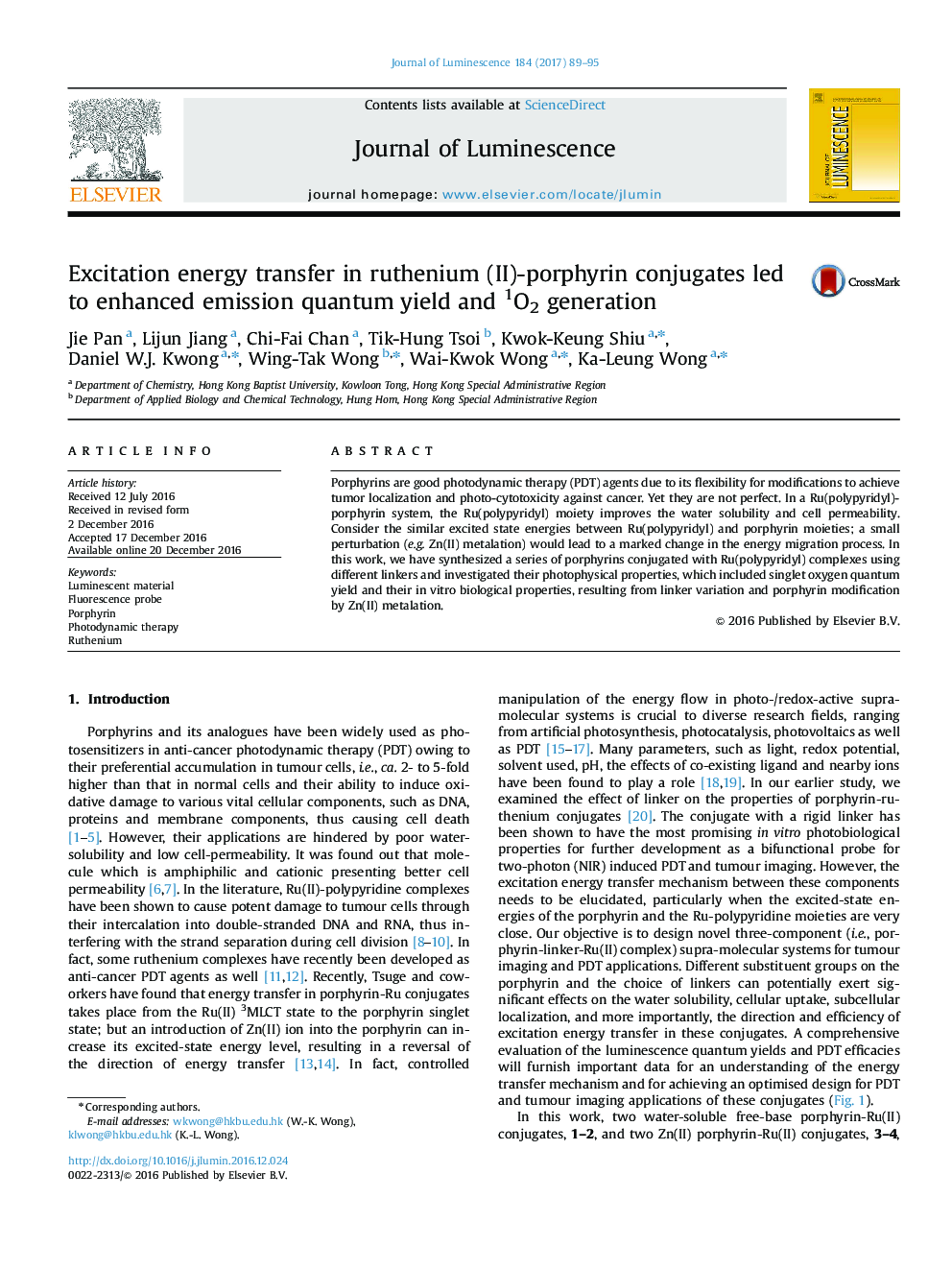 Excitation energy transfer in ruthenium (II)-porphyrin conjugates led to enhanced emission quantum yield and 1O2 generation