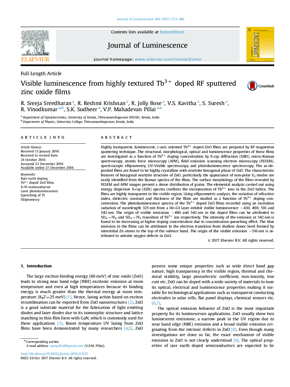 Visible luminescence from highly textured Tb3+ doped RF sputtered zinc oxide films