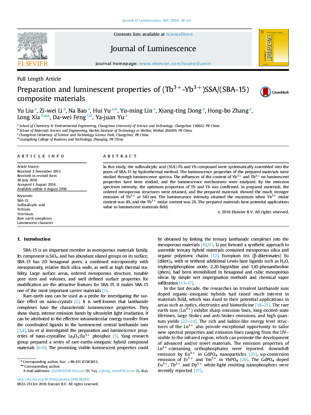 Preparation and luminescent properties of (Tb3+-Yb3+)SSA/(SBA-15) composite materials