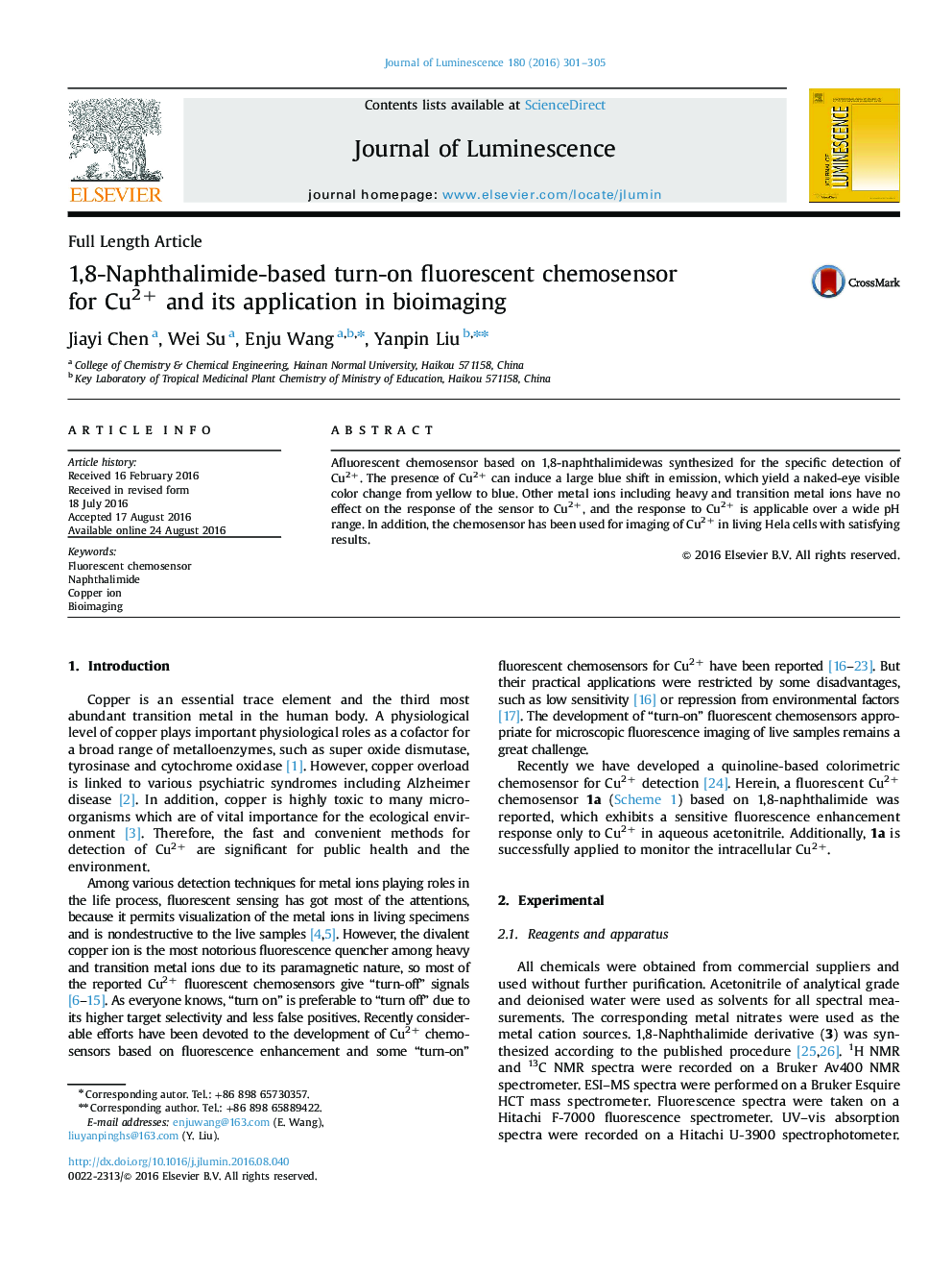 1,8-Naphthalimide-based turn-on fluorescent chemosensor for Cu2+ and its application in bioimaging