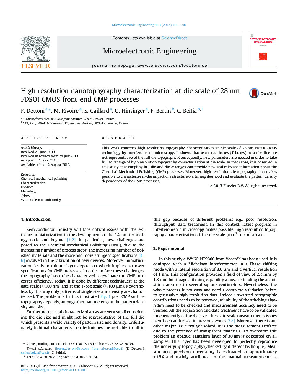 High resolution nanotopography characterization at die scale of 28 nm FDSOI CMOS front-end CMP processes