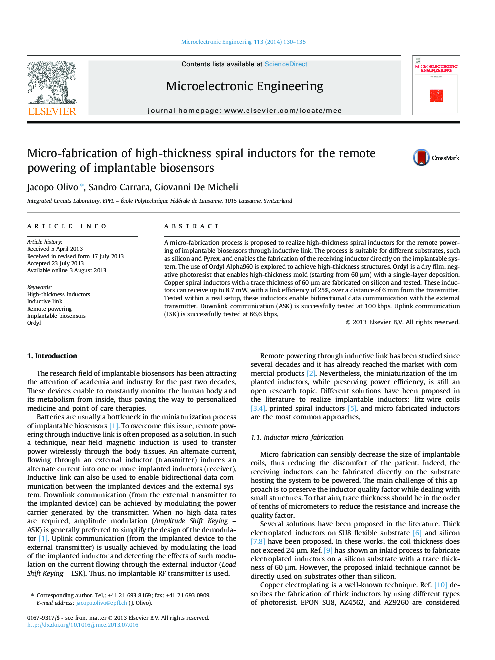 Micro-fabrication of high-thickness spiral inductors for the remote powering of implantable biosensors