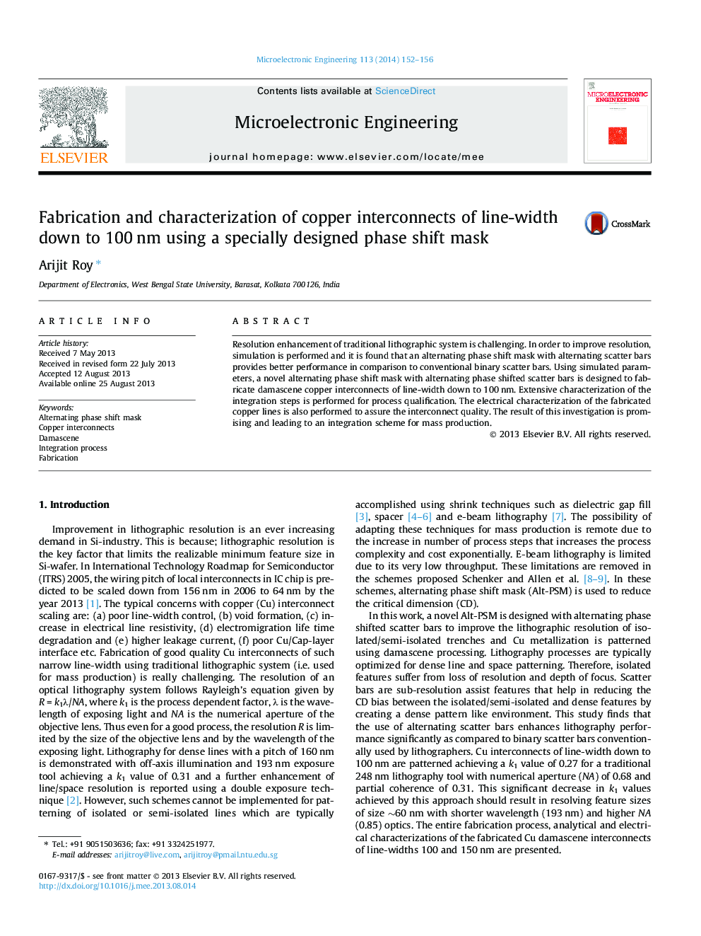 Fabrication and characterization of copper interconnects of line-width down to 100 nm using a specially designed phase shift mask