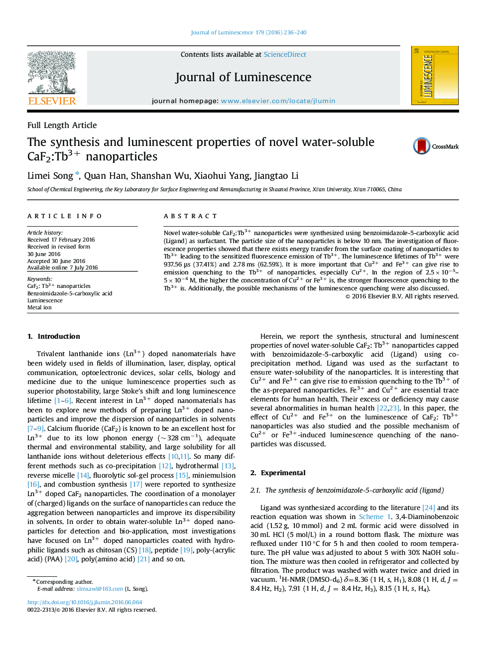 The synthesis and luminescent properties of novel water-soluble CaF2:Tb3+ nanoparticles