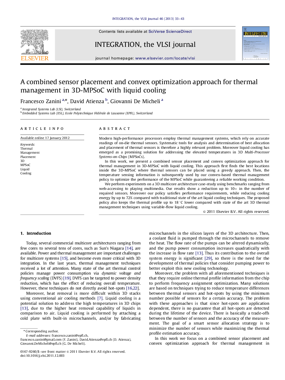 A combined sensor placement and convex optimization approach for thermal management in 3D-MPSoC with liquid cooling