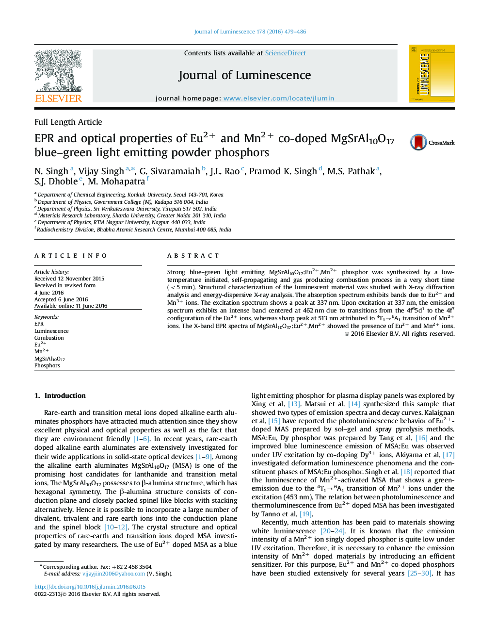 EPR and optical properties of Eu2+ and Mn2+ co-doped MgSrAl10O17 blue-green light emitting powder phosphors