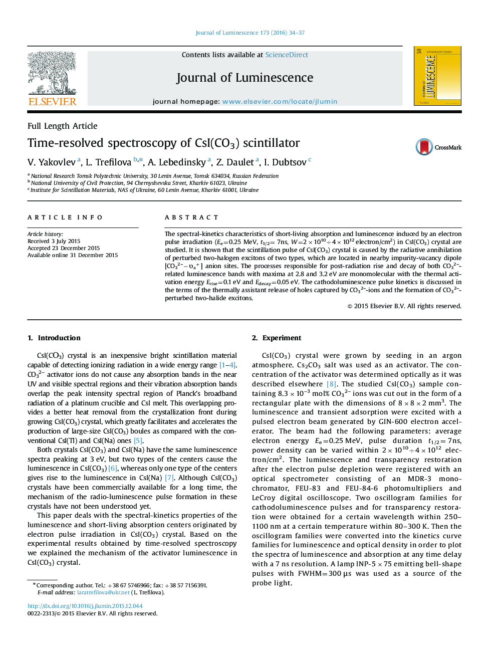 عکس صفحه اول مقاله: Time-resolved spectroscopy of CsI(CO3) scintillator Time-resolved spectroscopy of CsI(CO3) scintillator