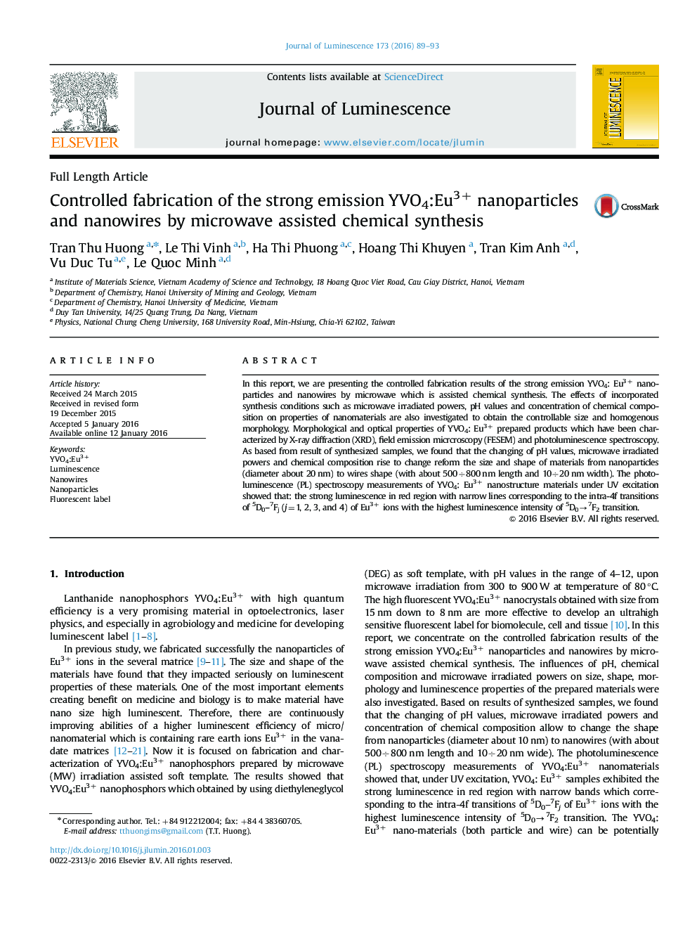 Controlled fabrication of the strong emission YVO4:Eu3+ nanoparticles and nanowires by microwave assisted chemical synthesis