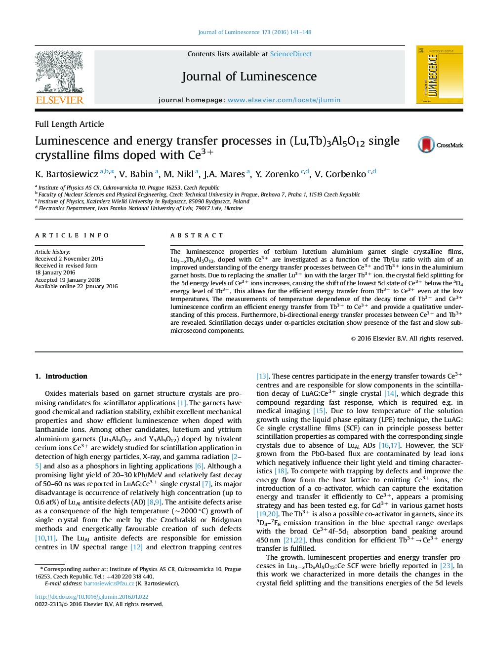 عکس صفحه اول مقاله: Luminescence and energy transfer processes in (Lu,Tb)3Al5O12 single crystalline films doped with Ce3+ Luminescence and energy transfer processes in (Lu,Tb)3Al5O12 single crystalline films doped with Ce3+