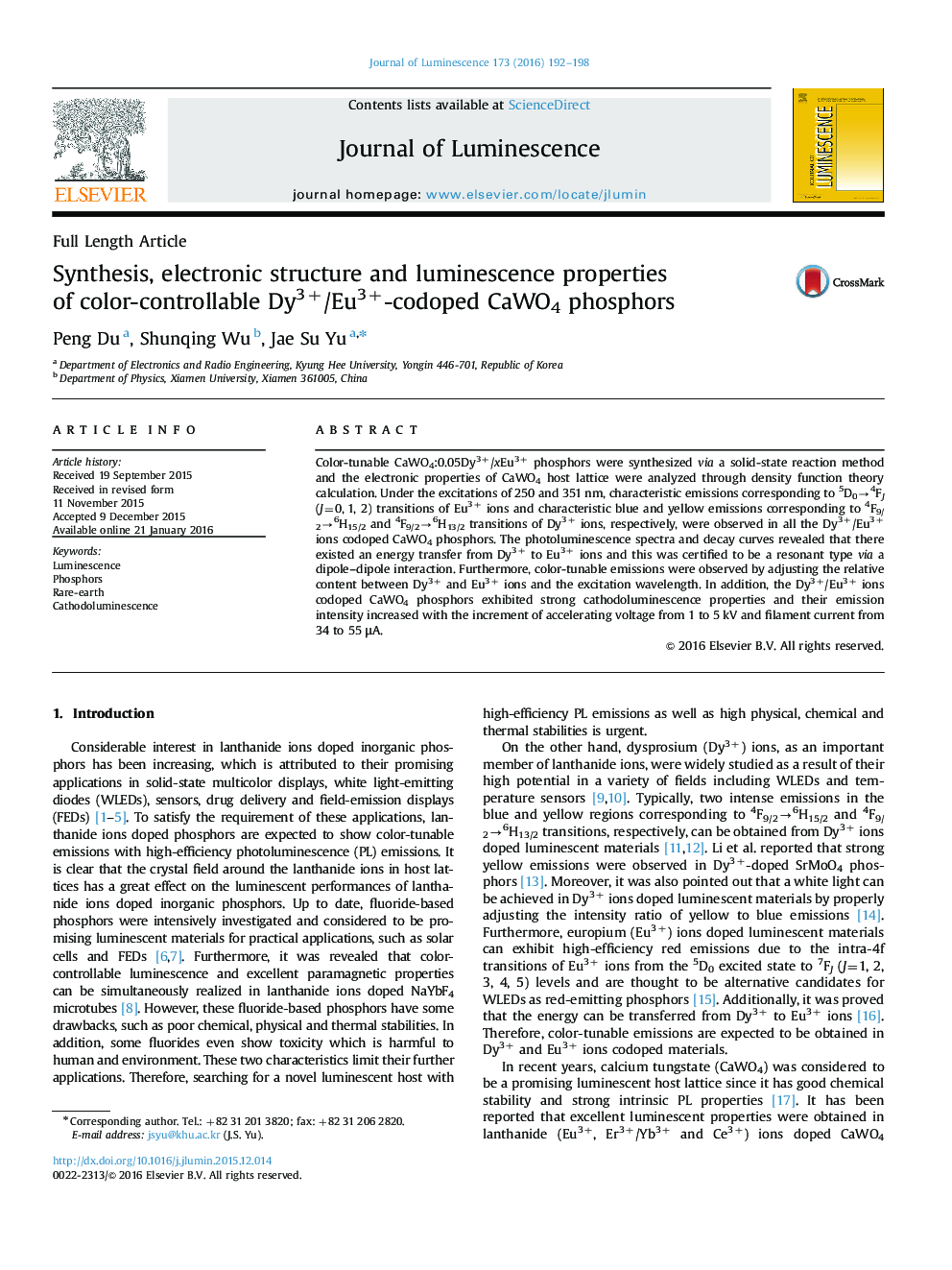 Synthesis, electronic structure and luminescence properties of color-controllable Dy3+/Eu3+-codoped CaWO4 phosphors