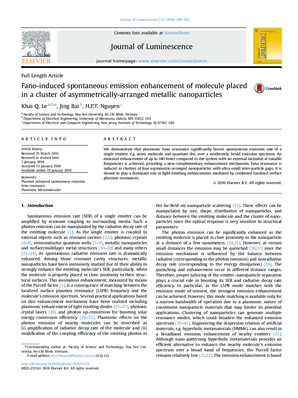 Full Length ArticleFano-induced spontaneous emission enhancement of molecule placed in a cluster of asymmetrically-arranged metallic nanoparticles