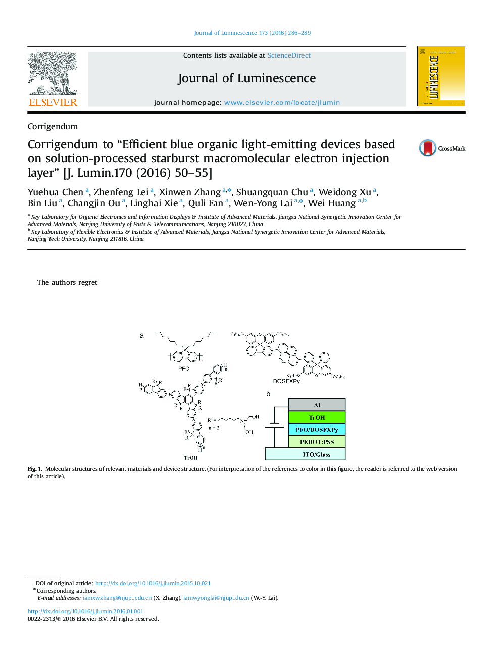 Corrigendum to “Efficient blue organic light-emitting devices based on solution-processed starburst macromolecular electron injection layer” [J. Lumin.170 (2016) 50-55]
