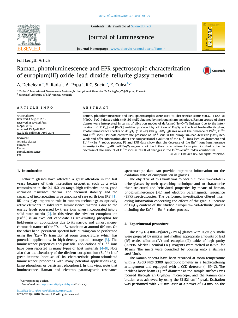 Raman, photoluminescence and EPR spectroscopic characterization of europium(III) oxide-lead dioxide-tellurite glassy network