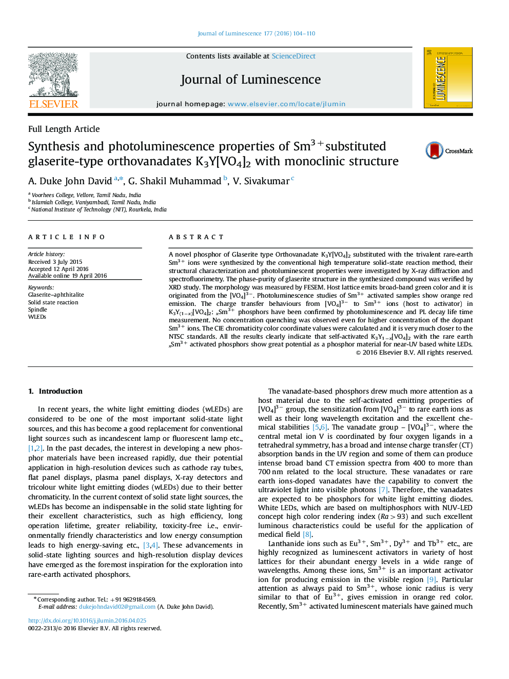 Full Length ArticleSynthesis and photoluminescence properties of Sm3+substituted glaserite-type orthovanadates K3Y[VO4]2 with monoclinic structure