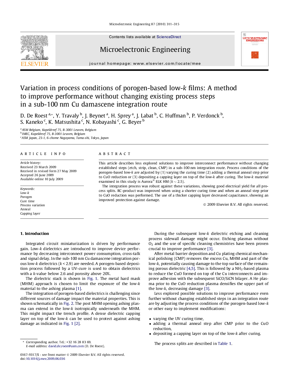 Variation in process conditions of porogen-based low-k films: A method to improve performance without changing existing process steps in a sub-100Â nm Cu damascene integration route