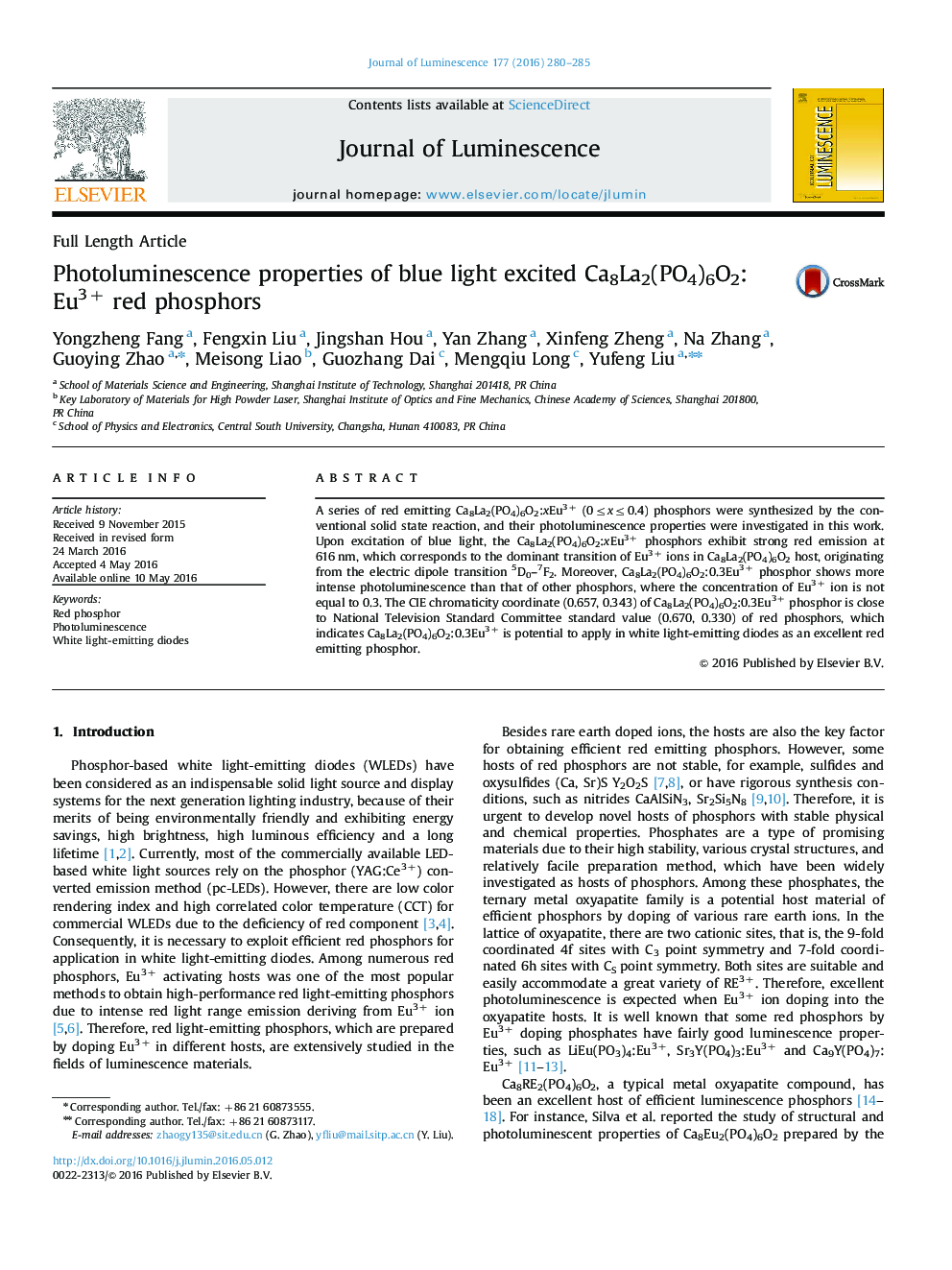 عکس صفحه اول مقاله: Photoluminescence properties of blue light excited Ca8La2(PO4)6O2:Eu3+ red phosphors Photoluminescence properties of blue light excited Ca8La2(PO4)6O2:Eu3+ red phosphors