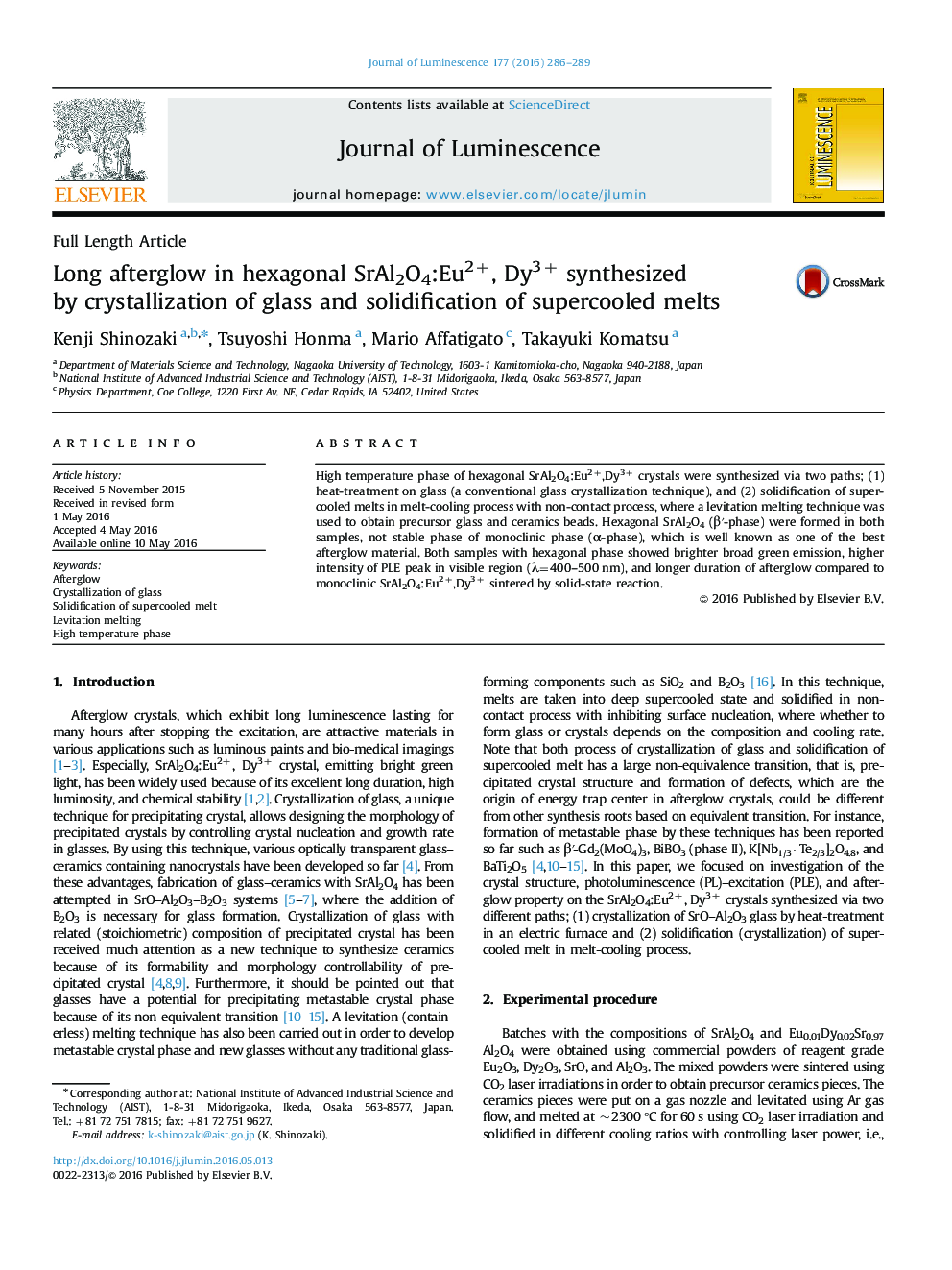 Long afterglow in hexagonal SrAl2O4:Eu2+, Dy3+ synthesized by crystallization of glass and solidification of supercooled melts