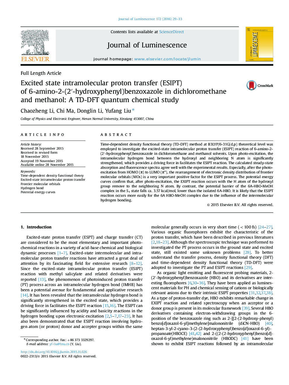 Excited state intramolecular proton transfer (ESIPT) of 6-amino-2-(2â²-hydroxyphenyl)benzoxazole in dichloromethane and methanol: A TD-DFT quantum chemical study