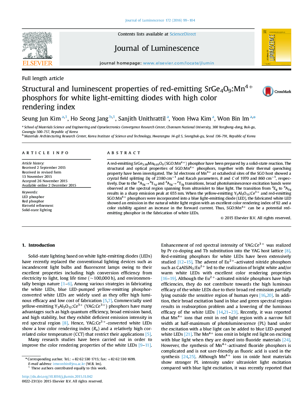 Structural and luminescent properties of red-emitting SrGe4O9:Mn4+ phosphors for white light-emitting diodes with high color rendering index