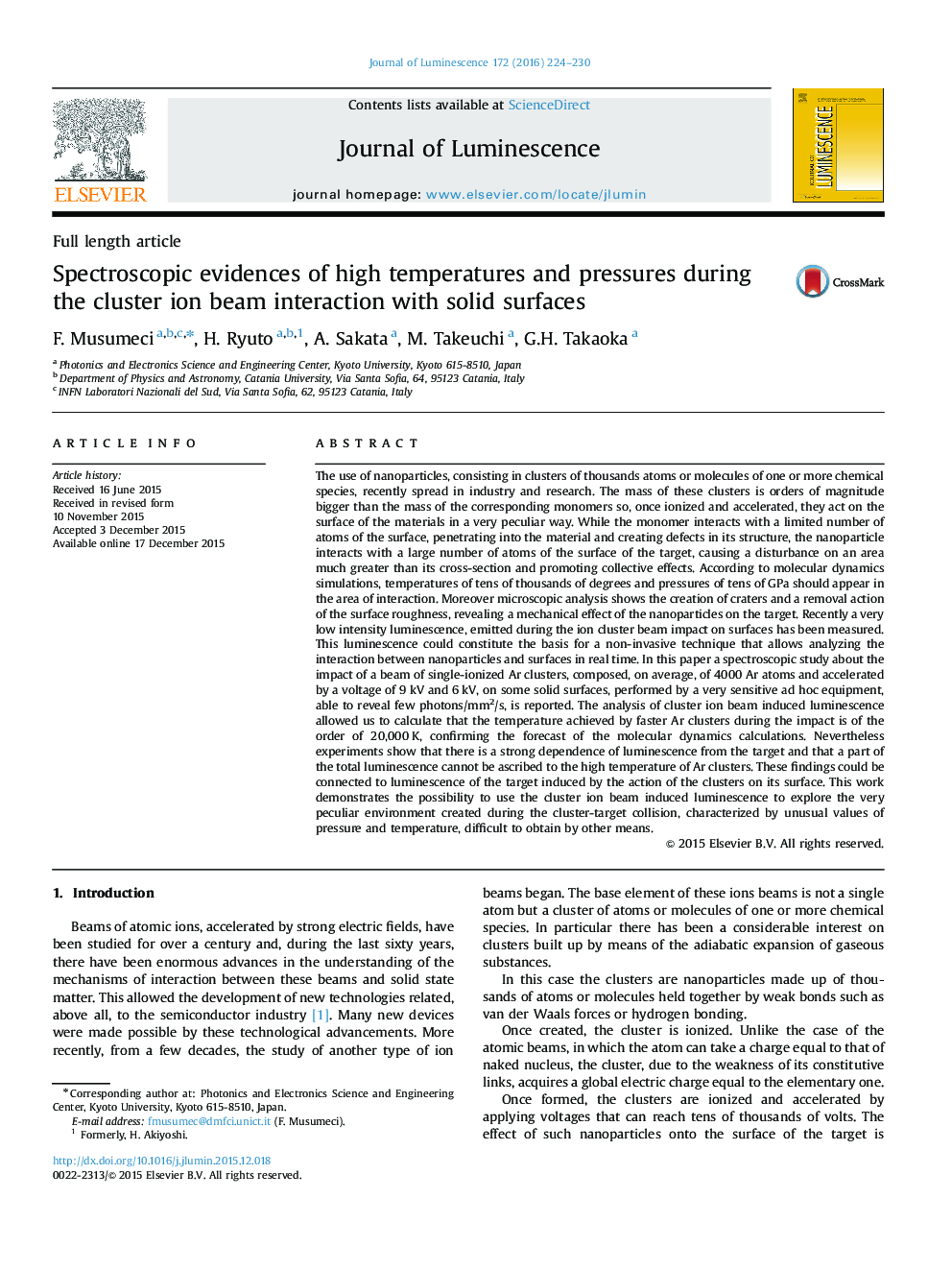 Spectroscopic evidences of high temperatures and pressures during the cluster ion beam interaction with solid surfaces