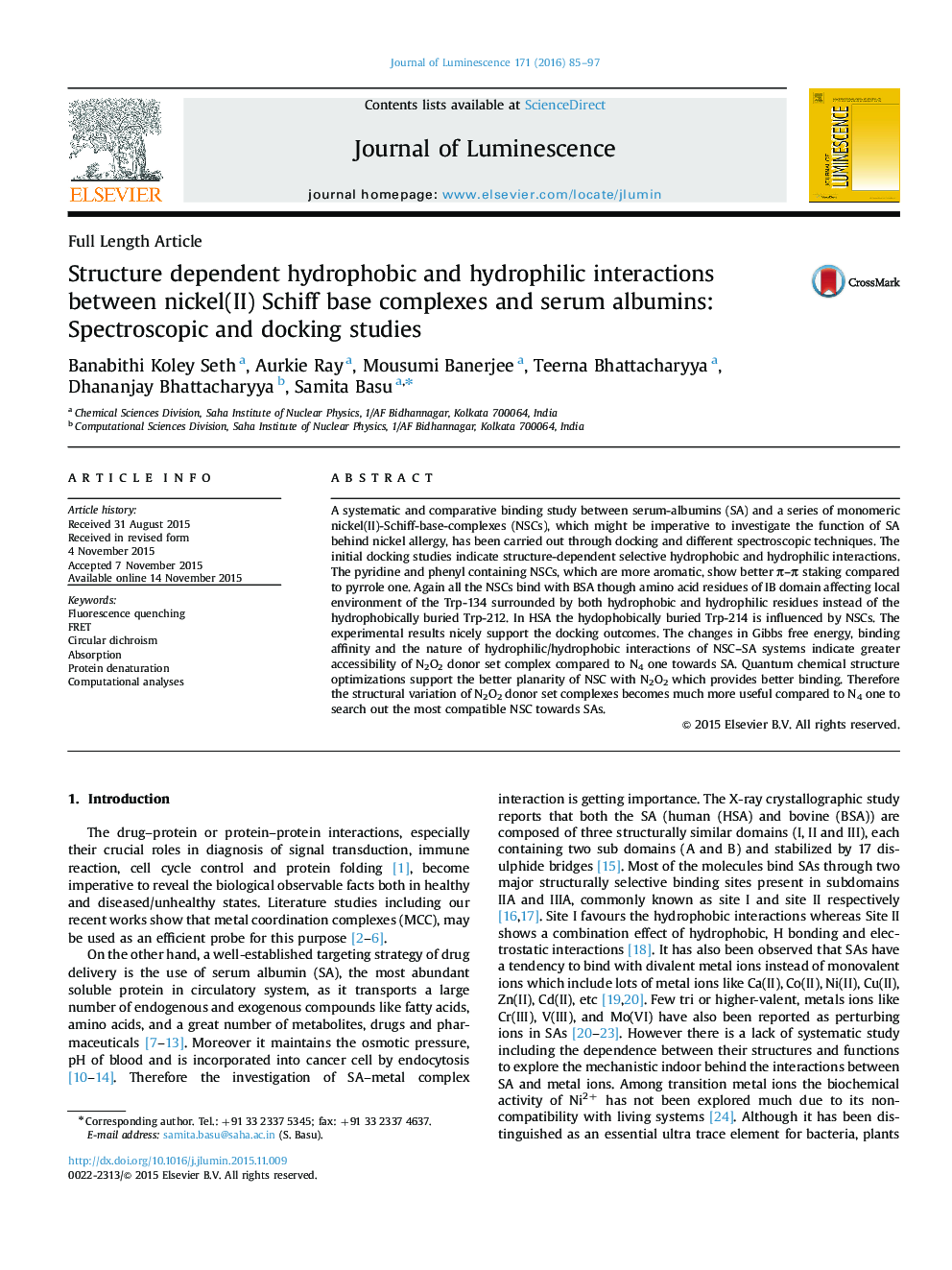 Structure dependent hydrophobic and hydrophilic interactions between nickel(II) Schiff base complexes and serum albumins: Spectroscopic and docking studies