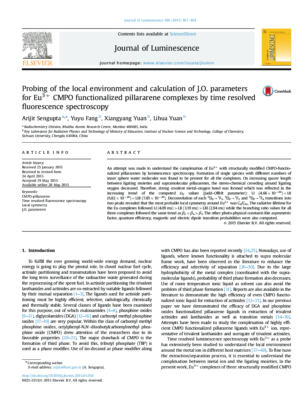 Probing of the local environment and calculation of J.O. parameters for Eu3+ CMPO functionalized pillararene complexes by time resolved fluorescence spectroscopy