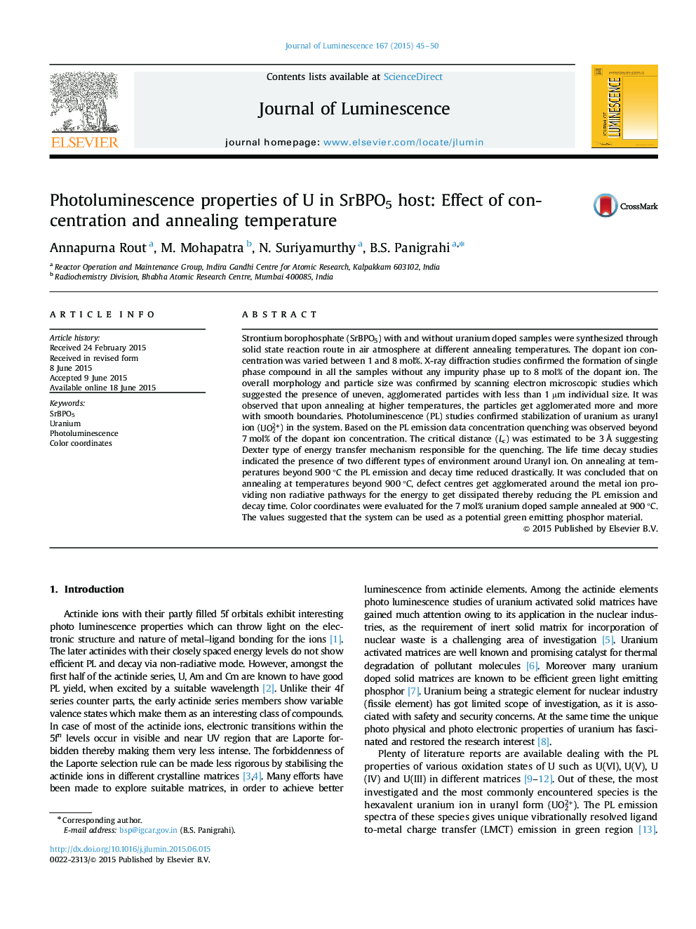 Photoluminescence properties of U in SrBPO5 host: Effect of concentration and annealing temperature