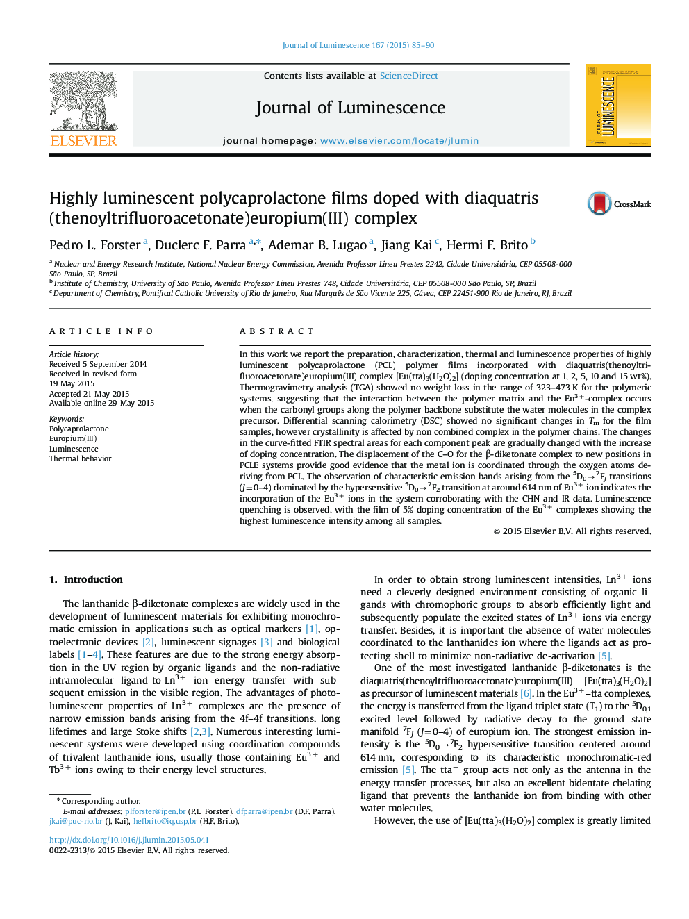 Highly luminescent polycaprolactone films doped with diaquatris(thenoyltrifluoroacetonate)europium(III) complex