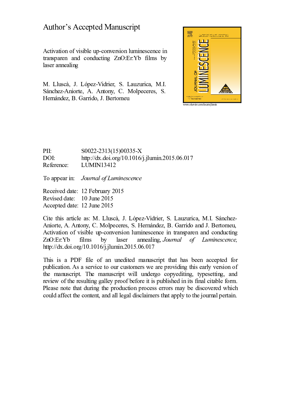 Activation of visible up-conversion luminescence in transparent and conducting ZnO:Er:Yb films by laser annealing